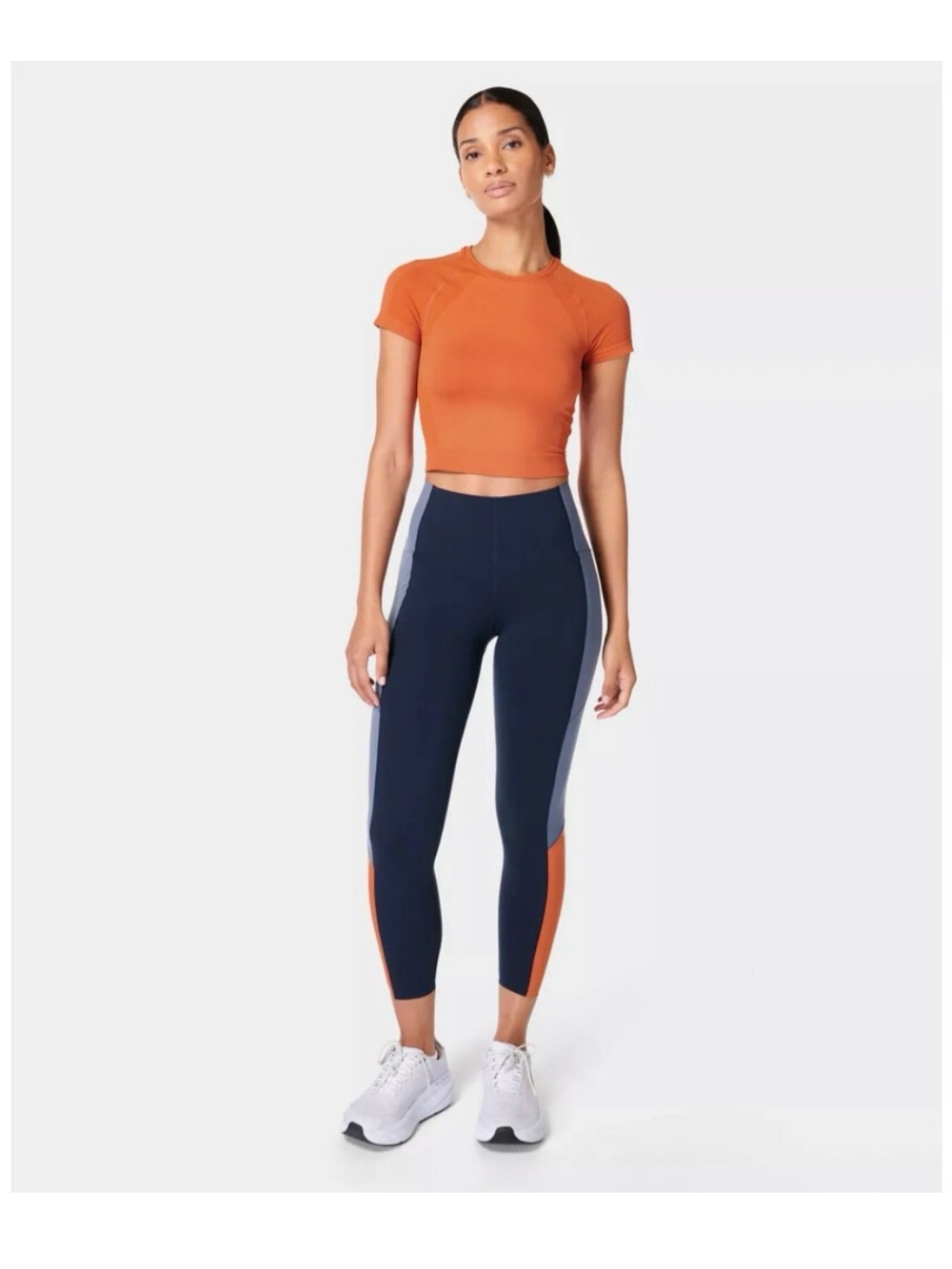 Sweaty Betty color block power 7/8 length leggings, blue and orange size 8